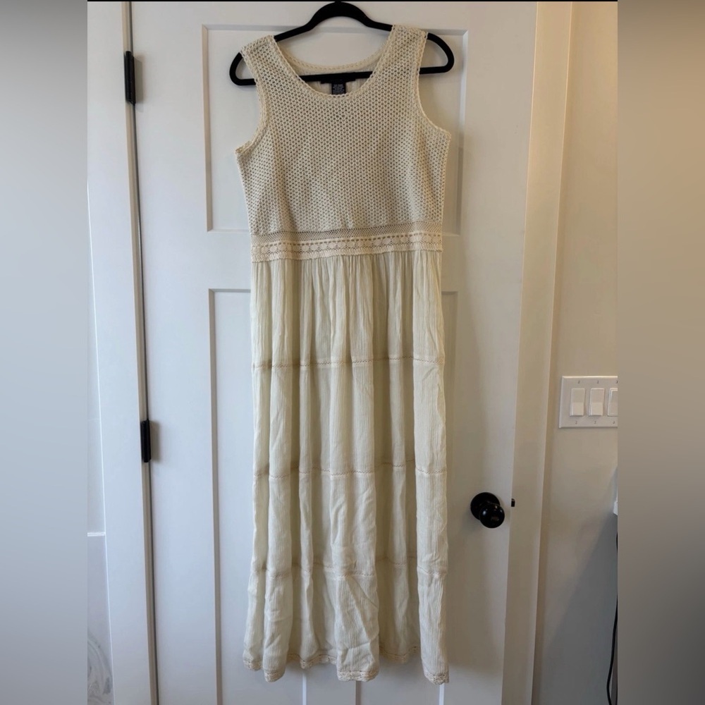 Vintage J.G. HOOK Solid A-line Boho Long Dress Crochet Detail Sleeveless Medium